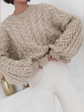 BTFBM Oversized Cream Cable Knit Crewneck Sweater Size Medium